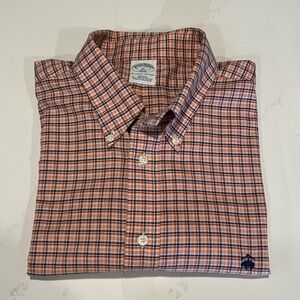 Brooks Brothers Slim Fit Men's Plaid Button-Down Shirt Oange Navy Logo Sz XL